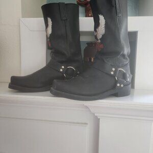 Vintage 1970s Harley-Davidson Black Leather Square Toe Harness Motorcycle Boots